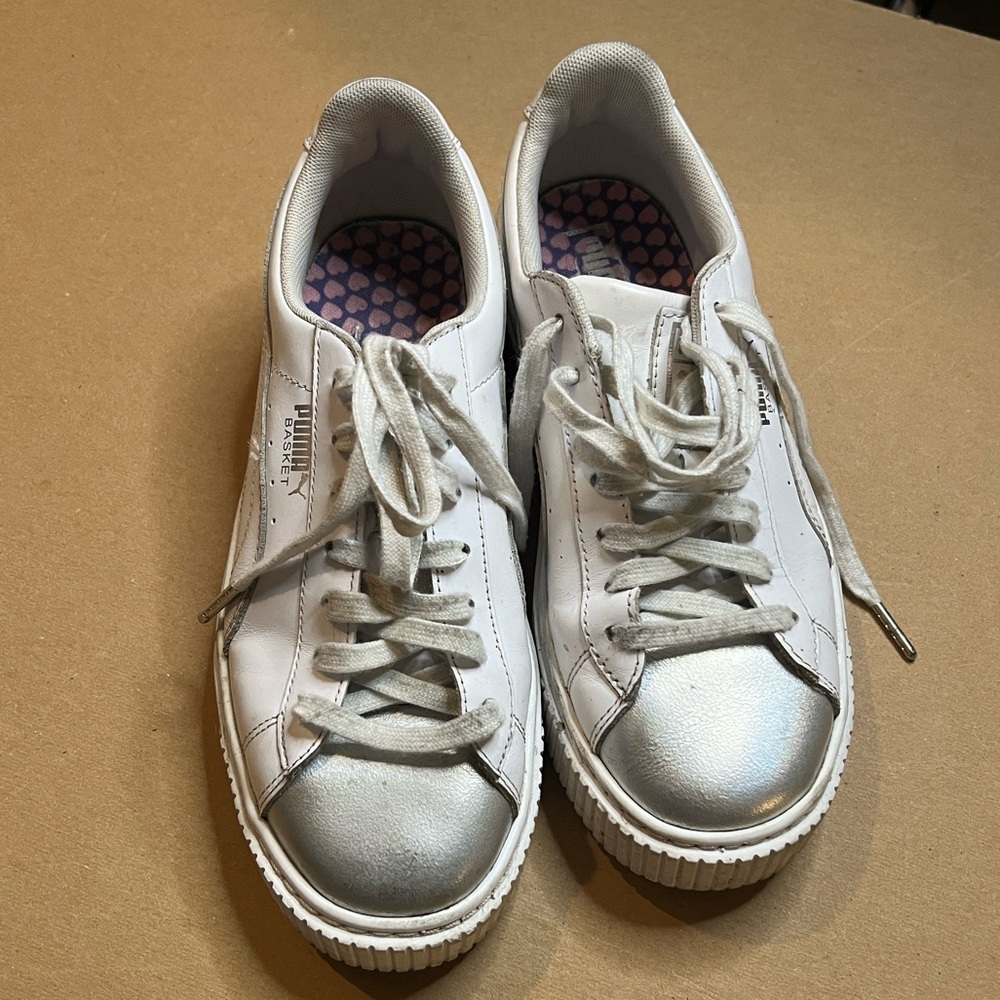 Puma White Sneakers with Silver Toe Caps